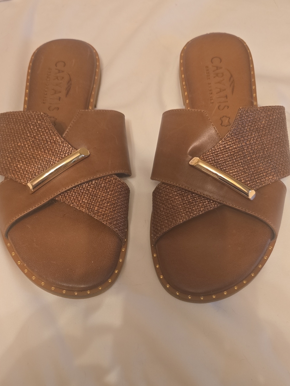 Women's Tan Crisscross Slide Mules with Gold Bar